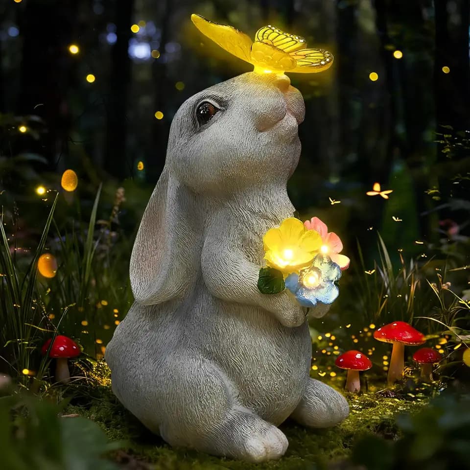 Solar Garden Statue Outdoor Decor, Rabbit Figurine with Butterfly LED Lights, Bunny Statue for Garden, Yard Decor, Lawn Ornament, Valentine's Day Birthday Gift for Women Mom Grandma