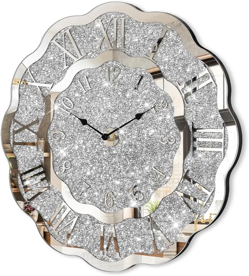 Crushed Diamond Mirrored Wall Clock Silver Modern Crystal Clocks for Bedroom Unique Home Decorative Glass Mirror Hanging Clock for Living Room Office Dining Decor