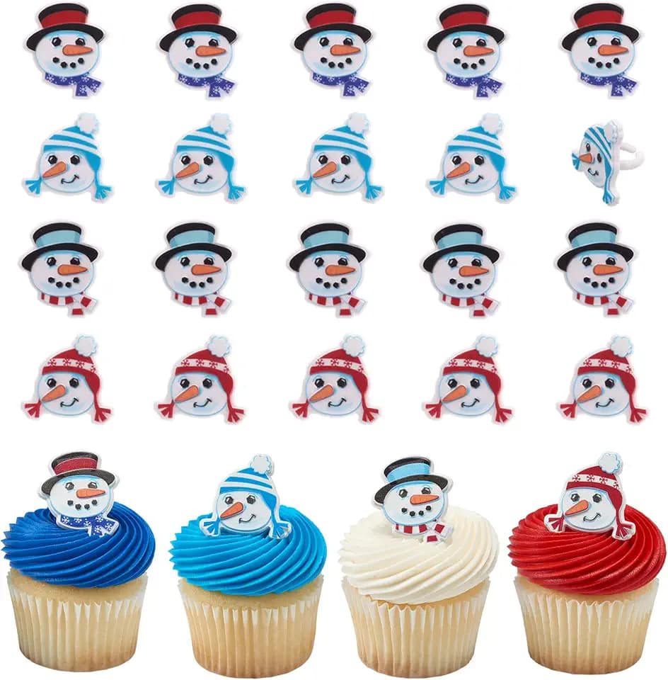 DecoPac Snowman Friends Cupcake Rings, 24 Christmas Cupcake Toppers For Festive Parties & Celebrations, Cute Snowmen, Food Safe Cake Toppers – 24 Pack