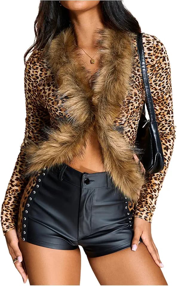 MakeMeChic Women's Mesh Lace Y2K Top Faux Fur Long Sleeve Fuzzy Tee Shirts