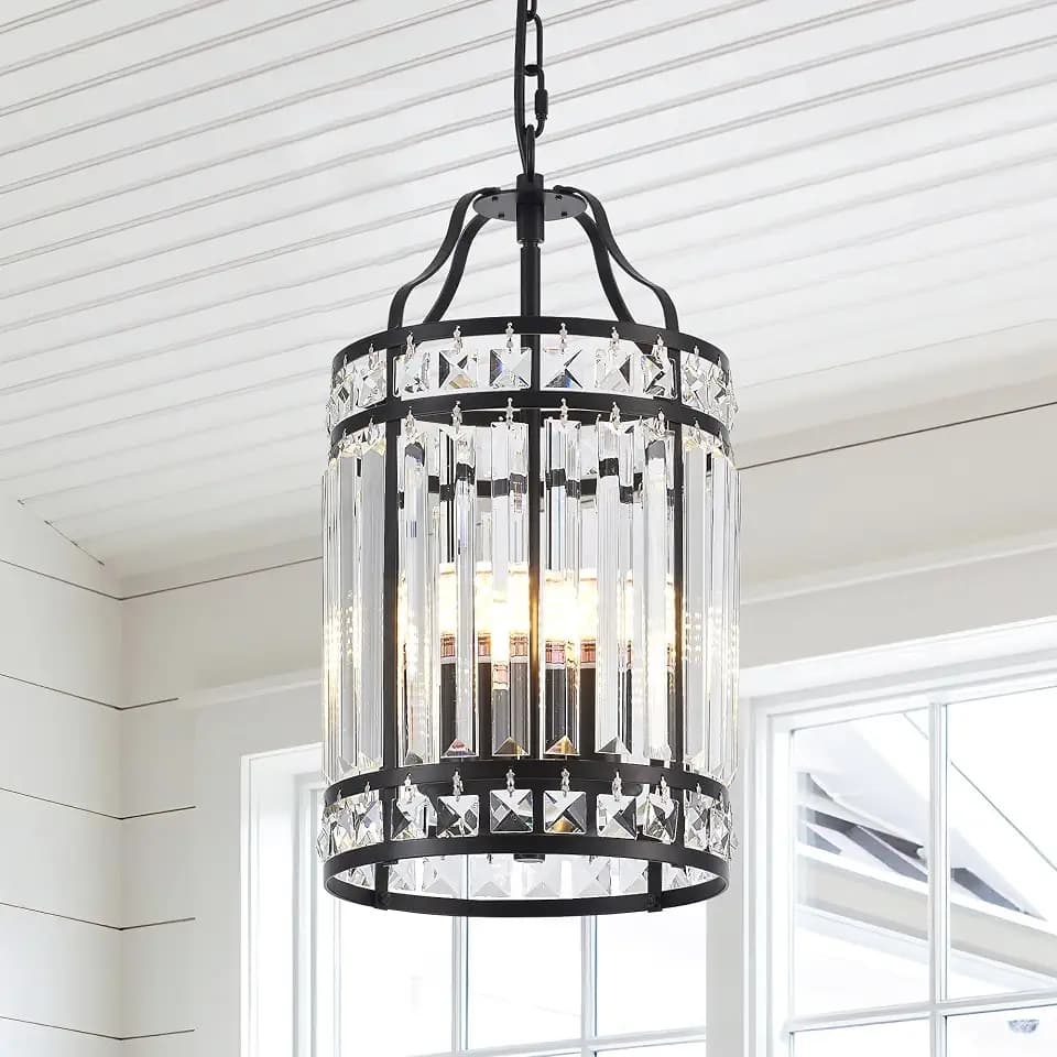 Modern Black Pendant Island Light Fixtures for Kitchen, Luxury Elegant Crystal Small 4-Light Chandeliers for Dining Room, Industrial Cage Hanging Ceiling Lighting for Bedroom Foyer Hallway