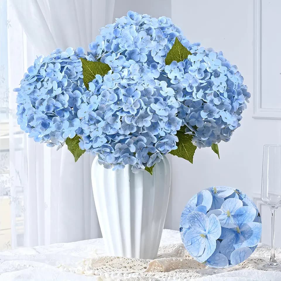 Livole 3 Pcs Blue Hydrangea Artificial Flowers Real Touch Latex Hydrangea