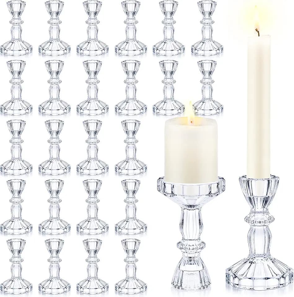 Sieral 24 Pcs Clear Taper Candle Holders 4'' Tall Candlestick Glass Holders Bulk Decorative Striped Design Stand Wedding Stick Holder for Anniversary Party Dining Table Festival Decor