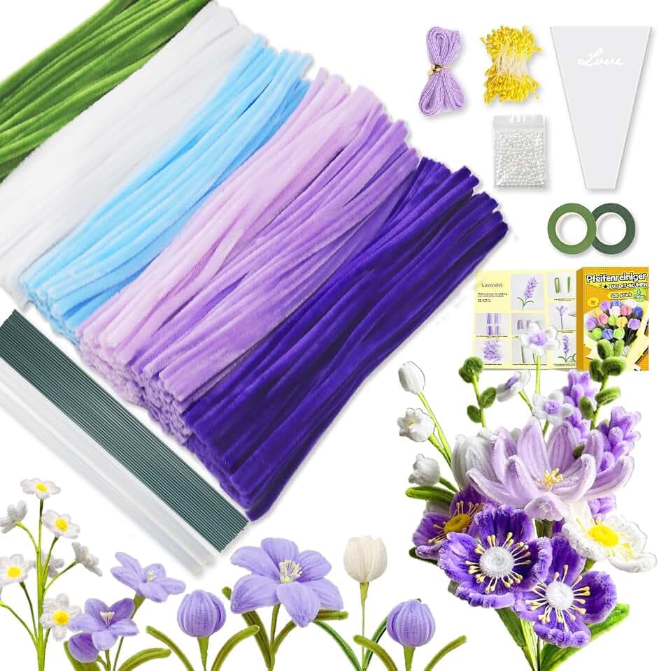 iDattel Pfeifenreiniger blumen set,500 Stück Pfeifenputzer zum basteln in 6 Farben,Pfeifenreiniger blumen Mit Blumenstöcke,Klebebandrollen,Klebestifte,Anleitungen,Staubgefäße,Lidschatten（Lila）