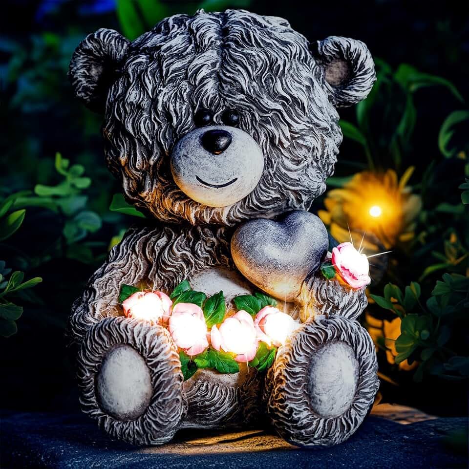YDKOJGW Solar Garden Outdoor Statues Bear with Heart and Pink Flower and 5 LED Lights-Lawn Decor Bear Statue for Patio, Balcony, Yard Ornament-Unique Housewarming Gifts for Mom, Women