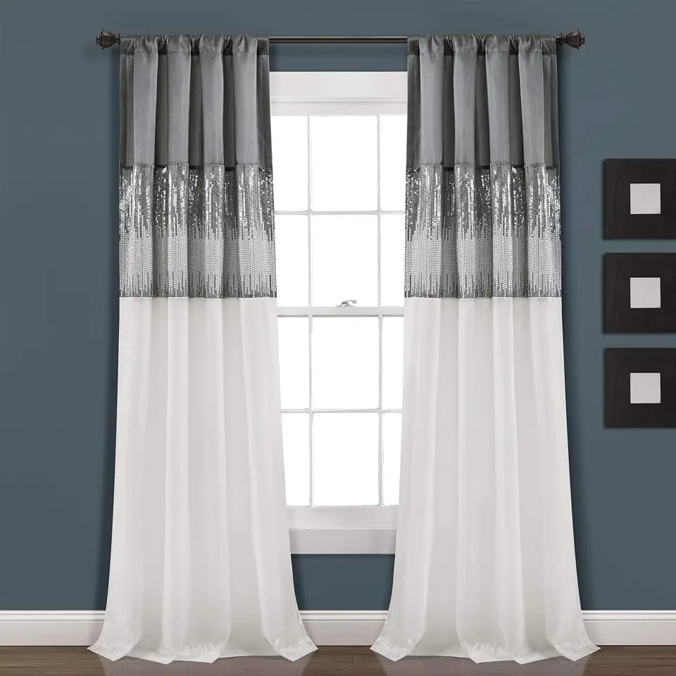 Lush Decor Night Sky Window Curtain Panel, Single 42"W x 95"L Gray & White - Sequin Backdrop Curtain - Room Darkening Curtains For Bedroom - Glam Decor