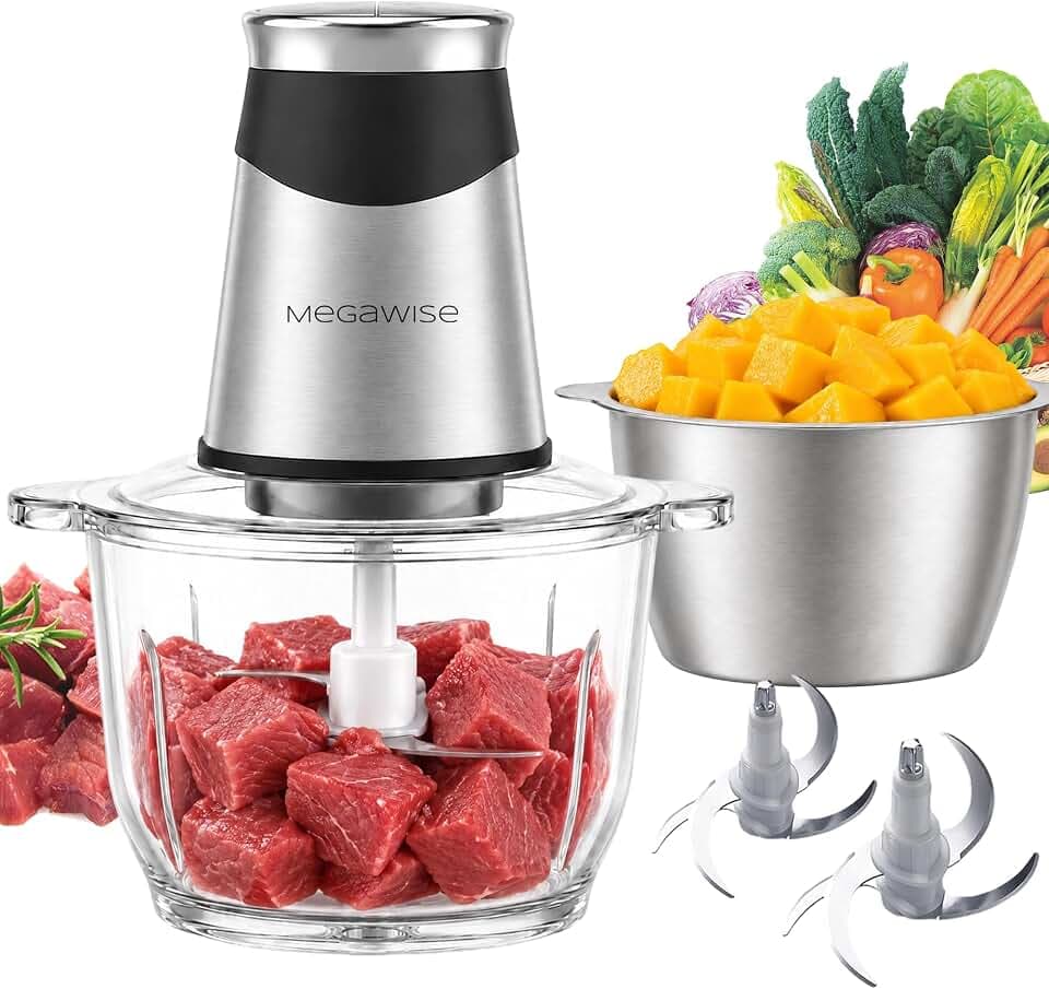 MEGAWISE 800W Electric Food Chopper, 2.2L Glass & 1.2L Stainless Bowls