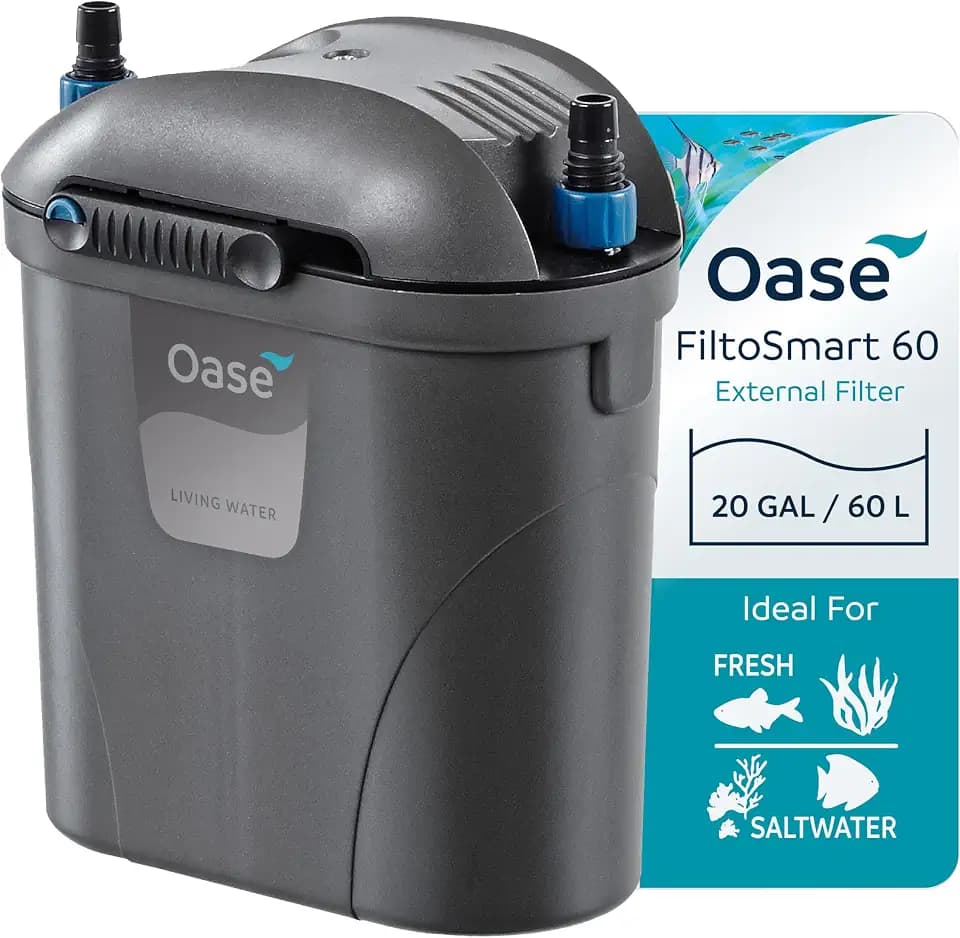 Oase FiltoSmart 60 Canister Filter for Aquariums – Quiet, Compact External Filter with Multi-Stage Filtration, No-Mess Maintenance, For Small Freshwater & Saltwater Tanks Up to 20 Gallons