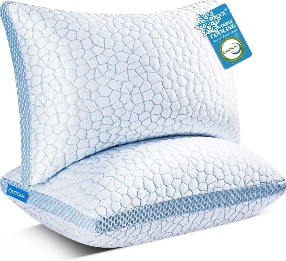 QUTOOL Enhanced Cooling Pillows for Sleeping, CertiPUR-US Shredded Memory Foam Pillows Standard Size Set of 2 for Hot Sleeper, Adjustable Pillow for Side, Back, Stomach Sleepers Support Yet Soft, Blue