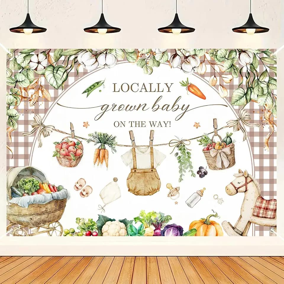 HANYING Locally Grown Baby Shower Backdrop,7x5ft Farmer's Market Baby Shower Photo Decoration,Vegetable Fruit Theme Party Photography Background,Cake Table Photo Booth Props,HYLC104