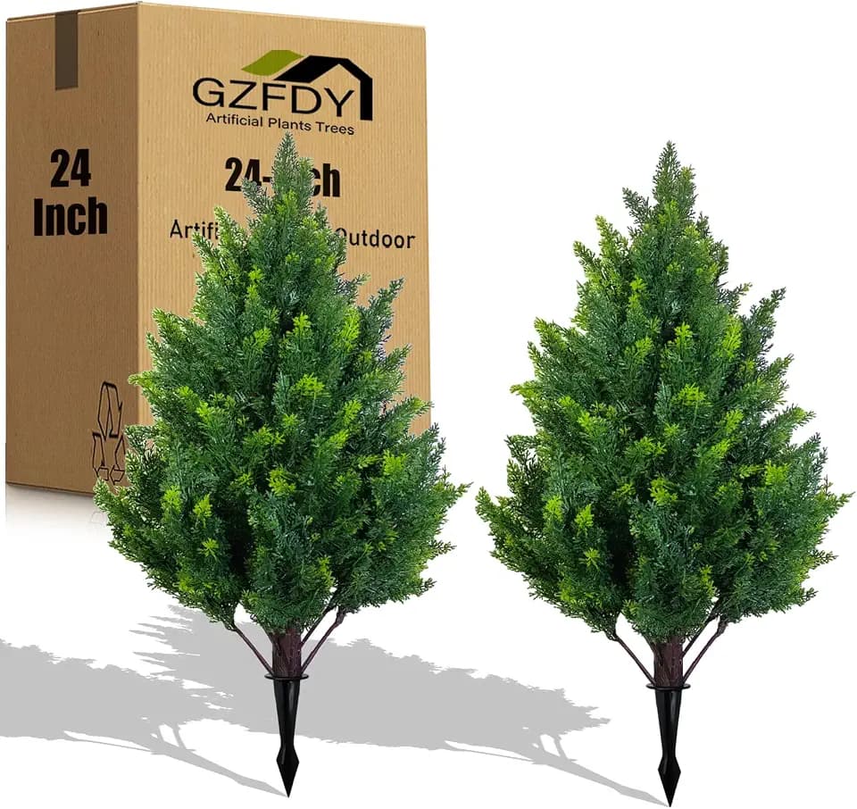 2Ft Artificial Cedar Topiary Trees (2-Pack) - UV Resistant Fake Shrubs with Ground Spike for Outdoor & Indoor Use, Front Porch, Garden Decor