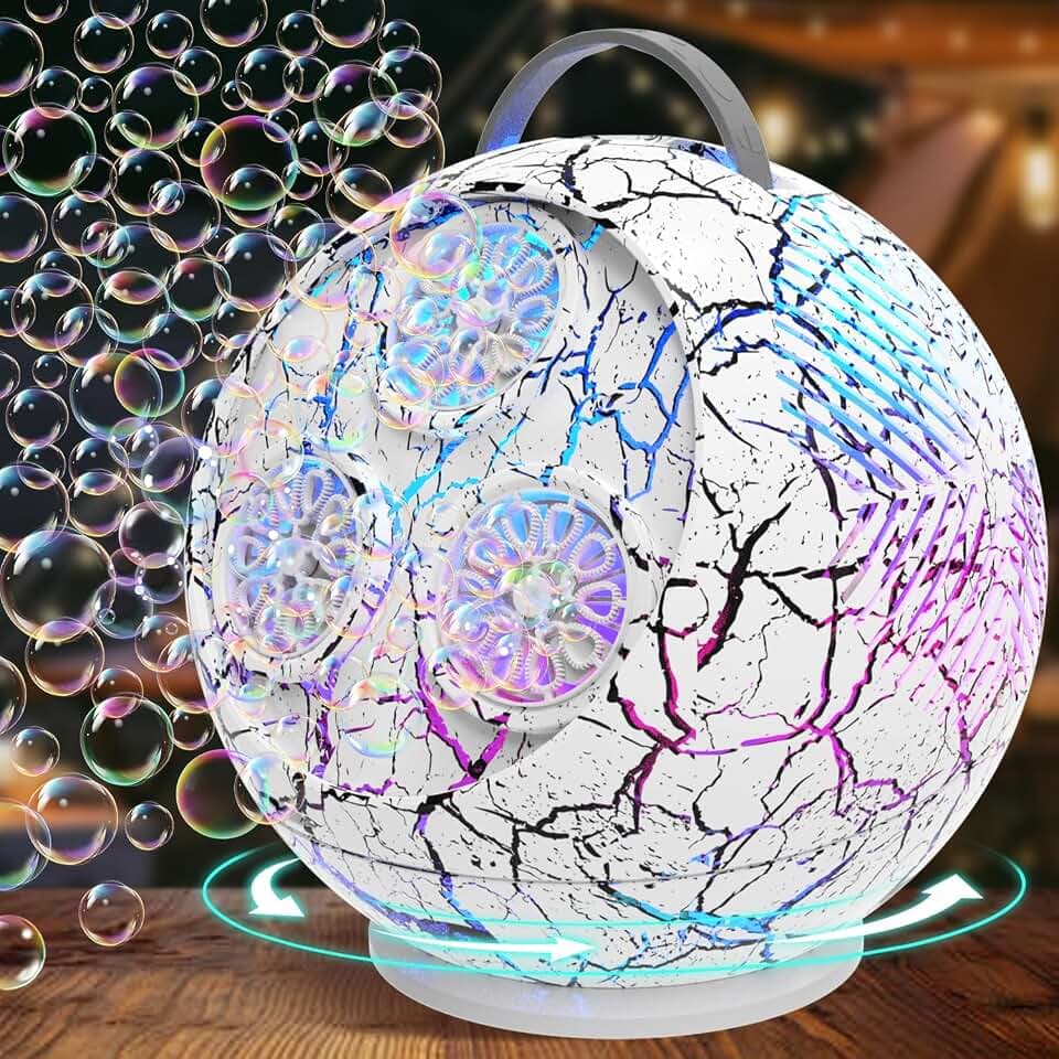 Bubble Machine for Kids, 45°/360° Rotating Bubble Blower with RGB LED Light