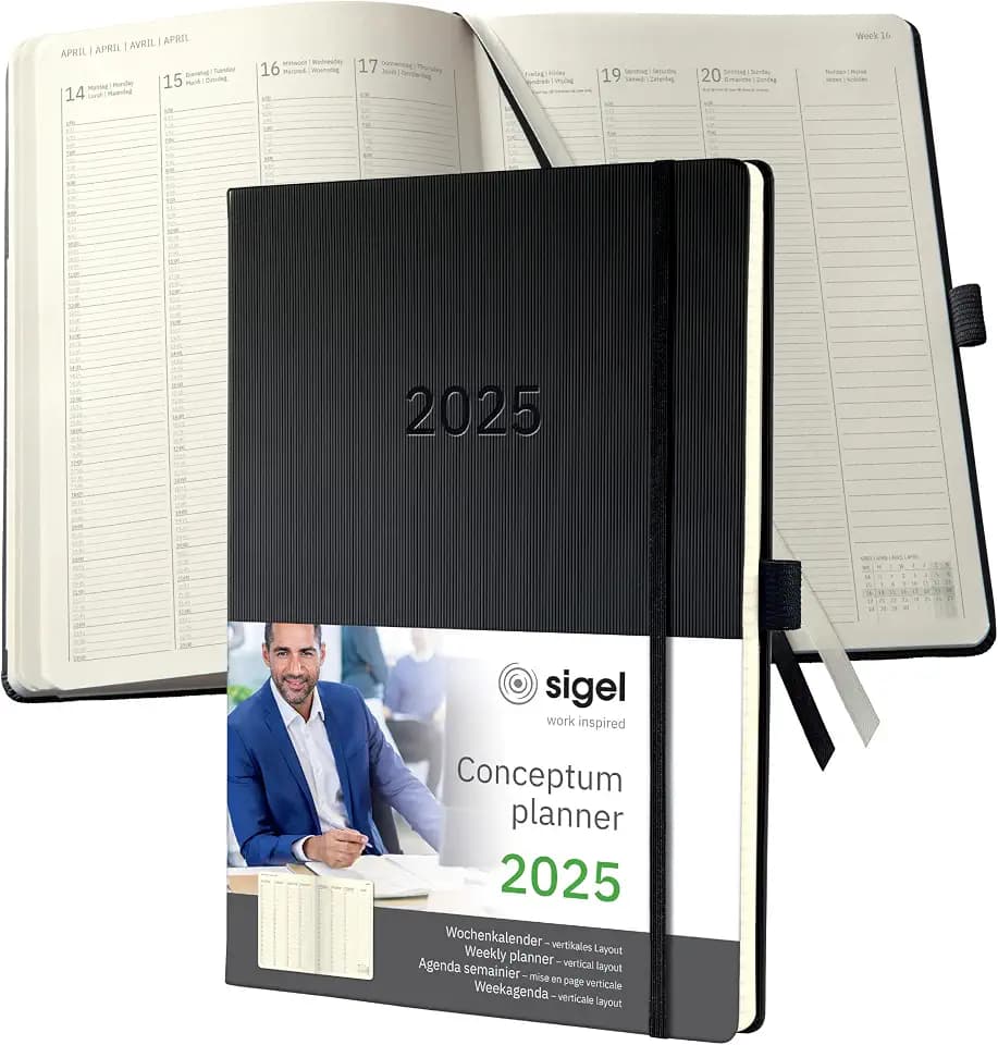 SIGEL C2518 Planungsbuch Wochenplaner Wochenkalender 2025, extra groß, A4+, 1 Woche = 2 Seiten, 1 Spalte pro Tag, schwarz, Hardcover, 192 Seiten, Stiftschlaufe, Archivtasche, Conceptum