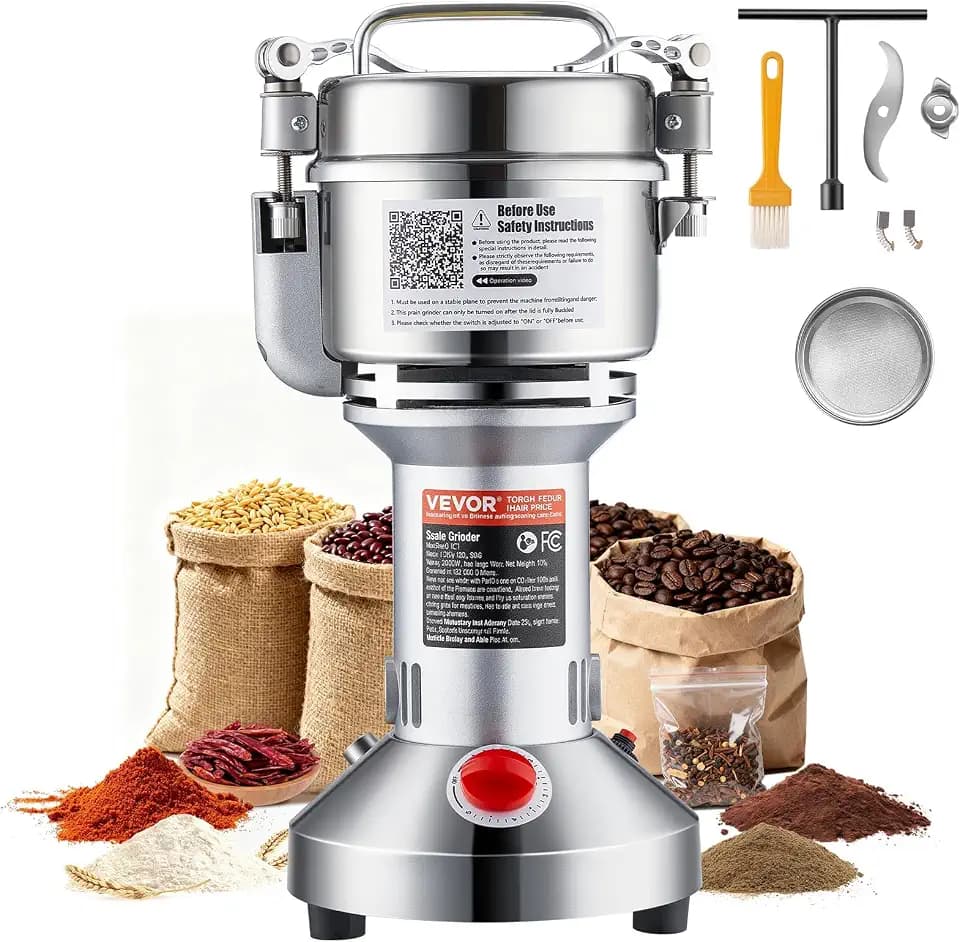 VEVOR elektrische Getreidemühle Hochgeschwindigkeits-Gewürzmühlen 1500 W 300 g, Pulverisiermaschine aus Edelstahl, für trockene Körner Gewürze Müsli Kaffee Mais Pfeffer Silber 180 x 160 x 355 mm