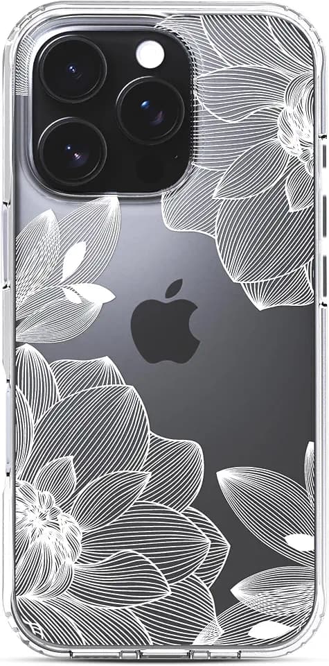Ranz Case for iPhone 16 Pro Max, Anti-Scratch Shockproof Series Clear Hard PC+ TPU Bumper Protective Cover Case for iPhone 16 Pro Max (6.9") - White Lace Chrysanthemum