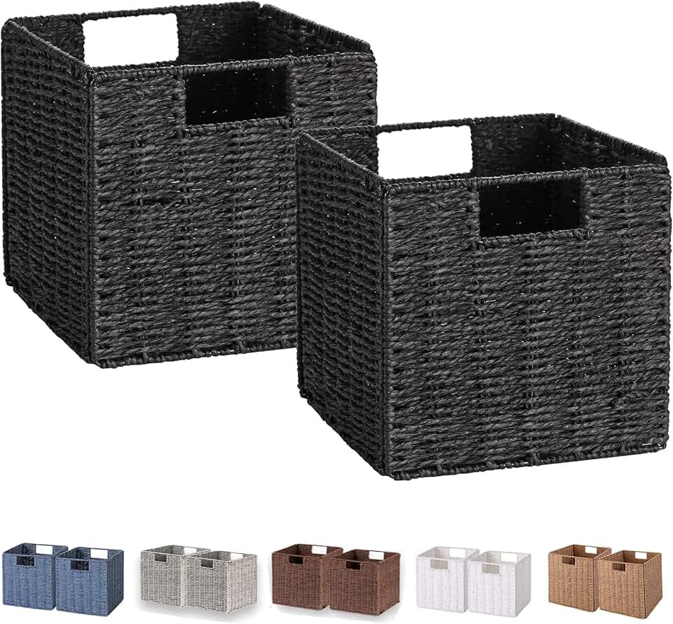 Vagusicc Weidenkörbe, Set aus 2 handgewebten Papierseil-Aufbewahrungskörben, faltbar, würfelförmig, zum Organisieren von Regalen, Speisekammer, Schlafzimmer, Schwarz (22,9 cm)
