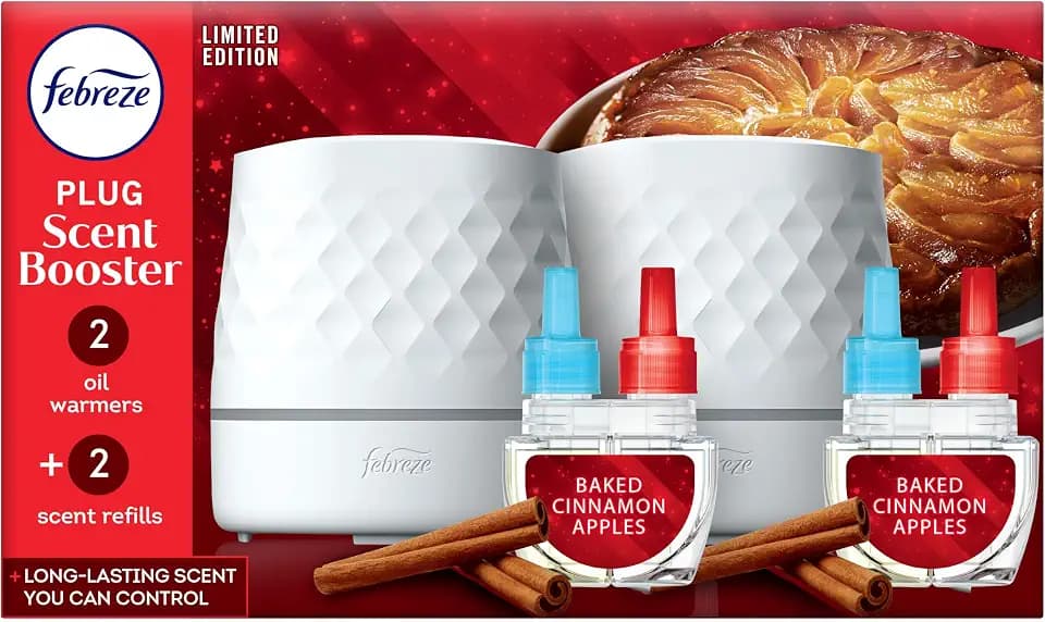 Febreze Plug Scent Booster Starter Kit, Oil Diffuser, Air Freshener Plug in, Continuous Scent, 2 Devices + 2 Baked Cinnamon Apple Refill
