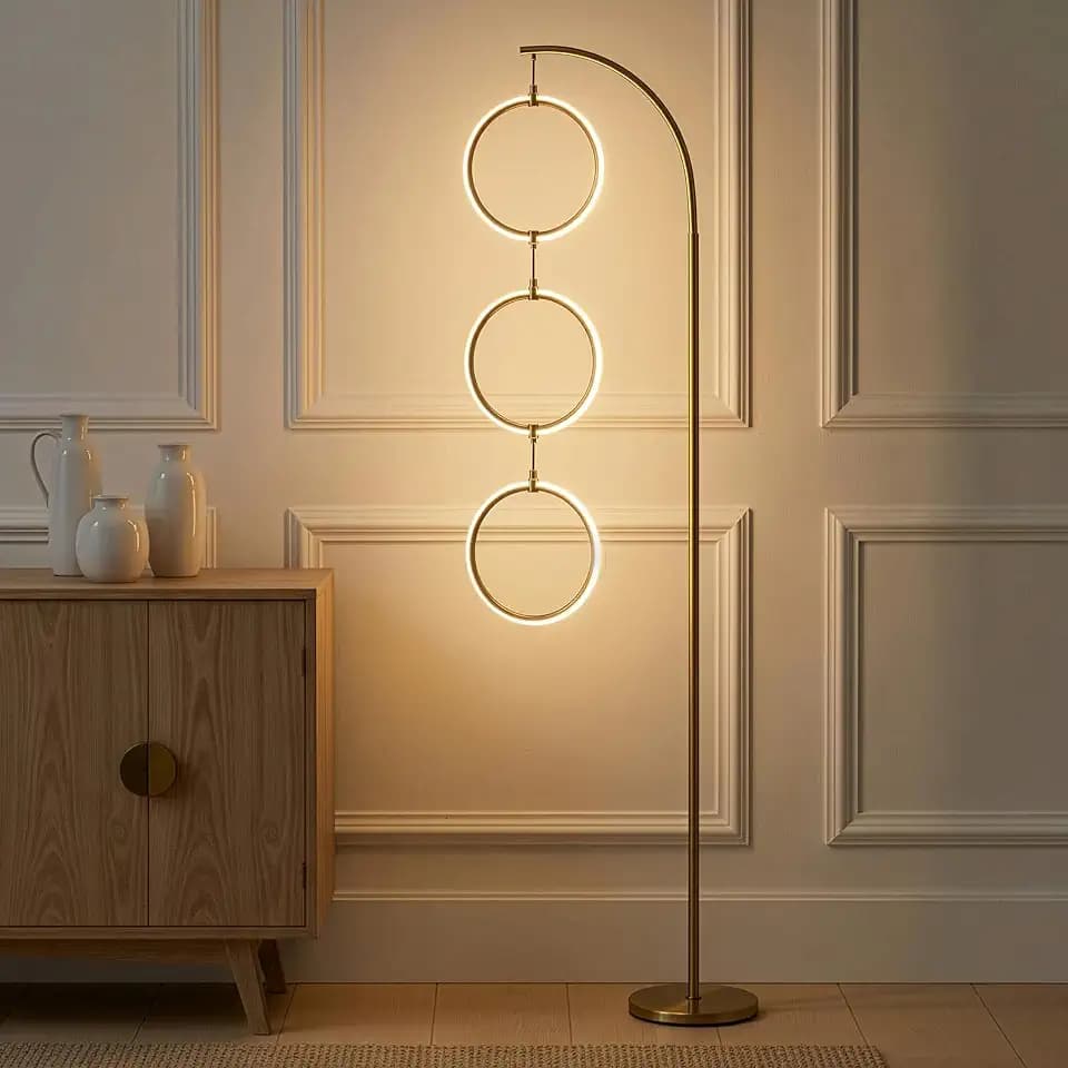 Brightech 3 Ring Lamp - 74" Dimmable LED Floor Lamp with 3 Hanging Light Rings, Modern Arc Standing Tree Lamp for Living Room, Bedroom and Office, 30W Warm White LED, Gold Brass