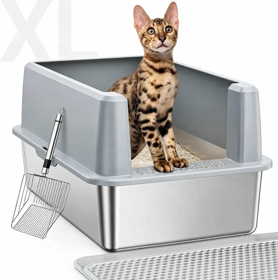 WoofiGo XL Stainless Steel Litter Box, High Sided Litter Pan for Big Cats
