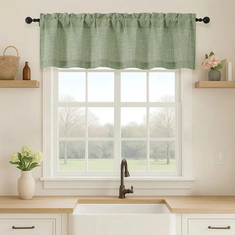 OVZME Green Valance for Windows, Light Filtering Faux Linen Textured Small Short Valance Kitchen Curtain, Dual Rod Pocket Top Short Window Curtain for Bathroom Basement Farmhouse, 1 Piece, 52Wx14L