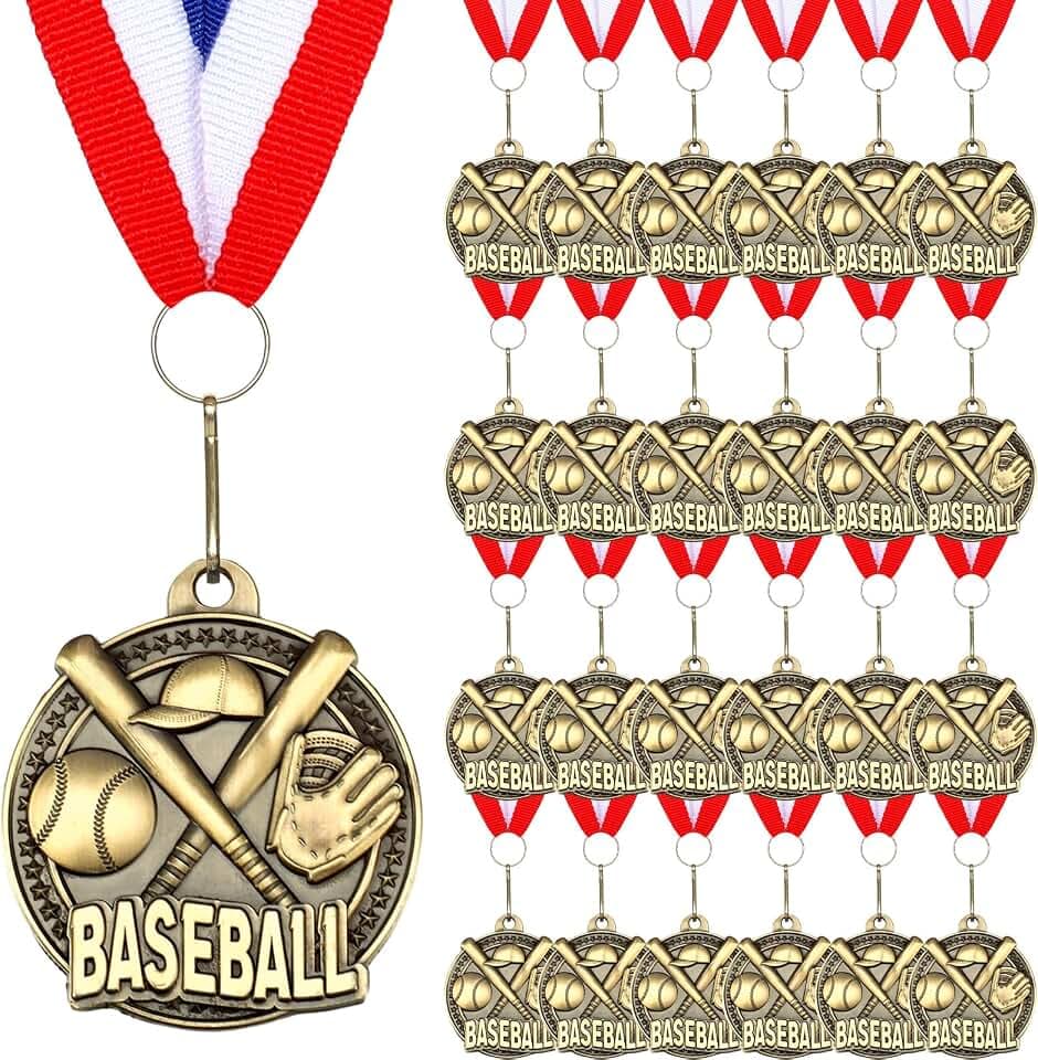 24 Pcs Gold Medals Bulk 2 Inch Award Ribbons Sports Themed Metal Medal Trophy for Team Day Tournaments Birthday Party Winner Gifts