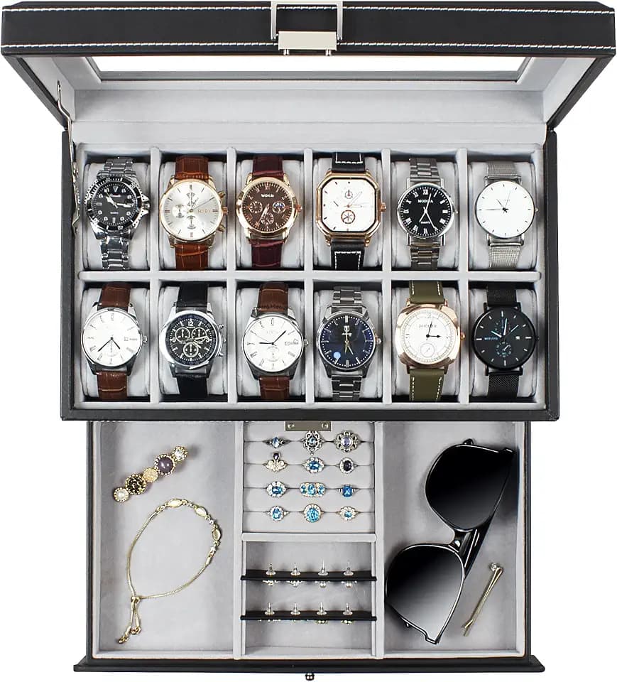 Uhrenbox für 12 Uhren, Uhrenaufbewahrung mit Glasdeckel, 2-stöckige Watch Box mit 1 Schublade, mit Schlüsselschloss, für Ringe und Ohrringe, als Geschenk geeignet, Schwarz