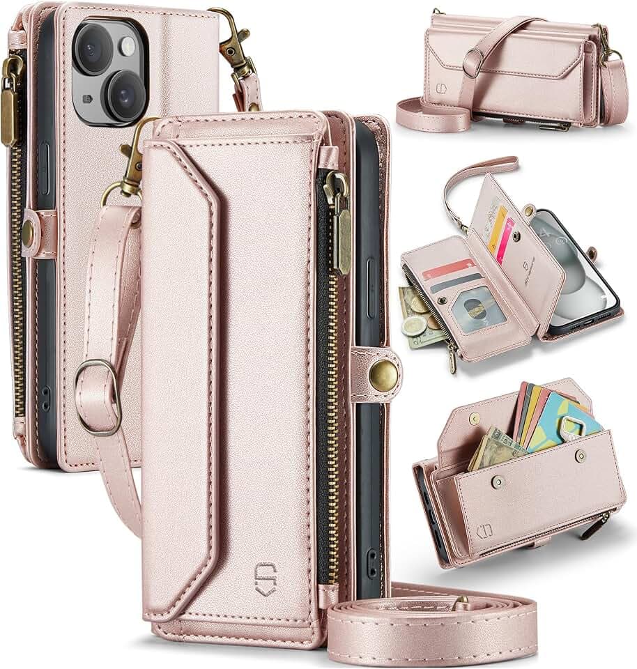 Strapurs for iPhone 15 - Zipper Strap Wallet Case for Women, Rose Gold