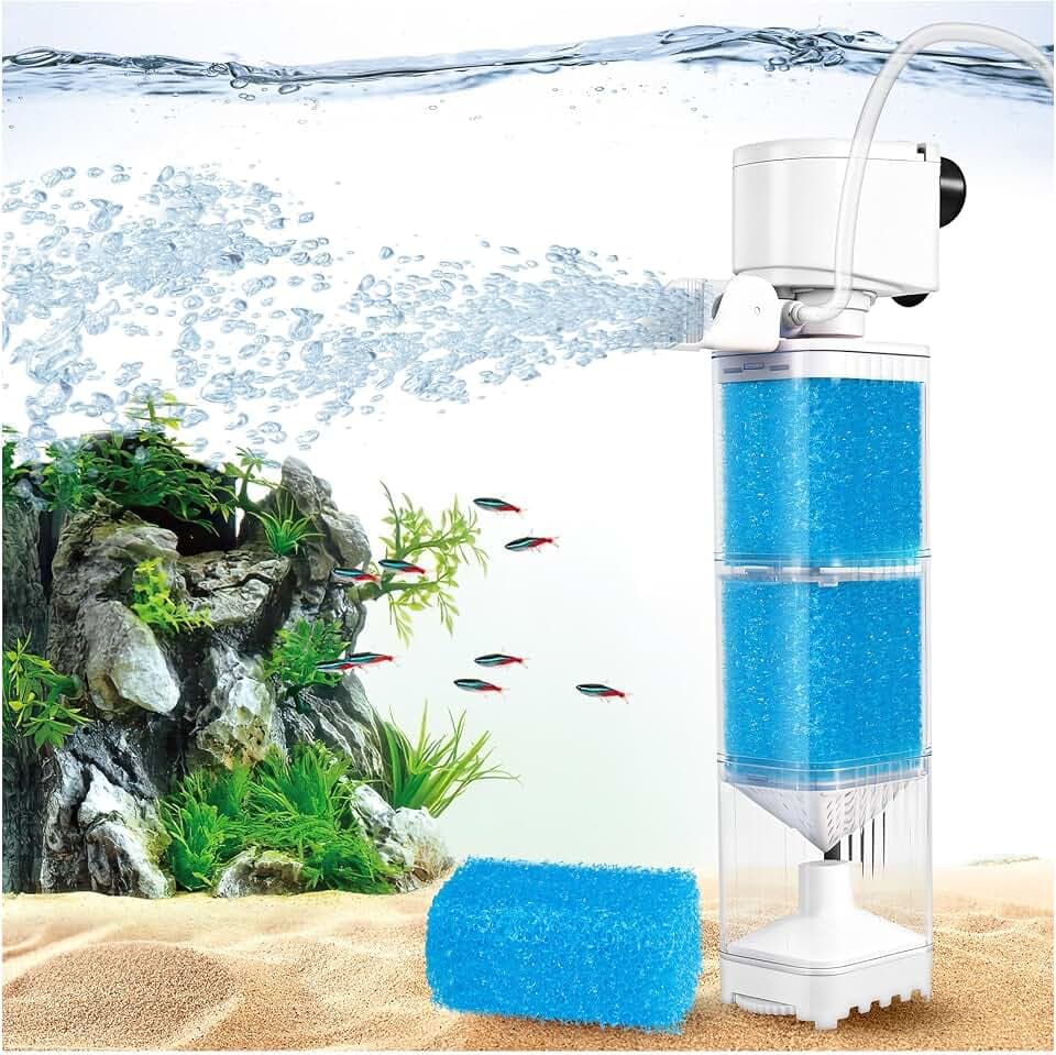 Vehipa Aquarium Filter, 4in1 Aquarienfilter, 850L/H Aquarium Pumpe mit Mehrschichtfiltration, Einstellbarer Sauerstoffzufuhr und Wellenmacher, ultraleise Wasserzirkulation für 80-250L Aquarium