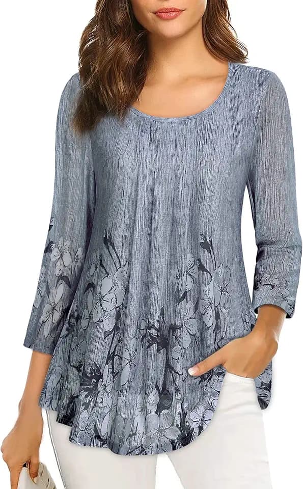 VALOLIA Women's 3/4 Sleeve Tunic Tops Casual Loose Fit Floral Blouses Mesh Pleated Layered Shirt