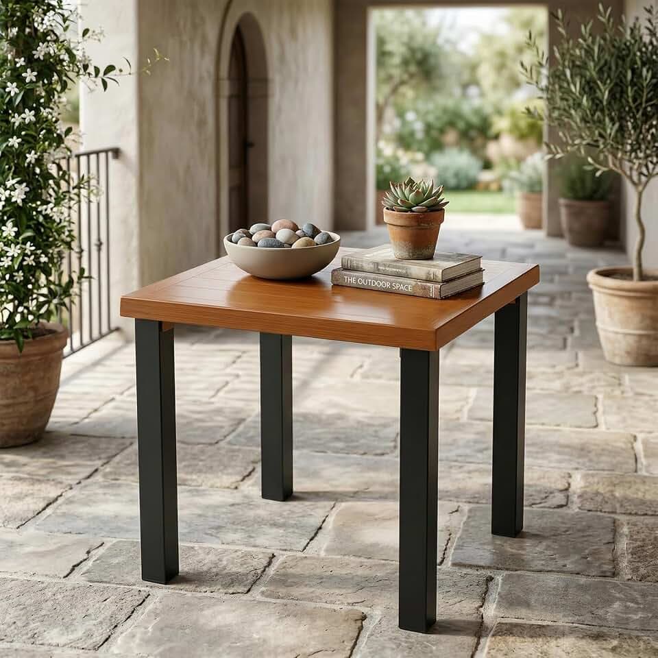 Square Outdoor Side Table, Weather Resistant Patio End Table with Metal Tabletop and Sturdy Black Metal Legs, Modern Accent Table for Patio, Balcony, Garden, Living Room