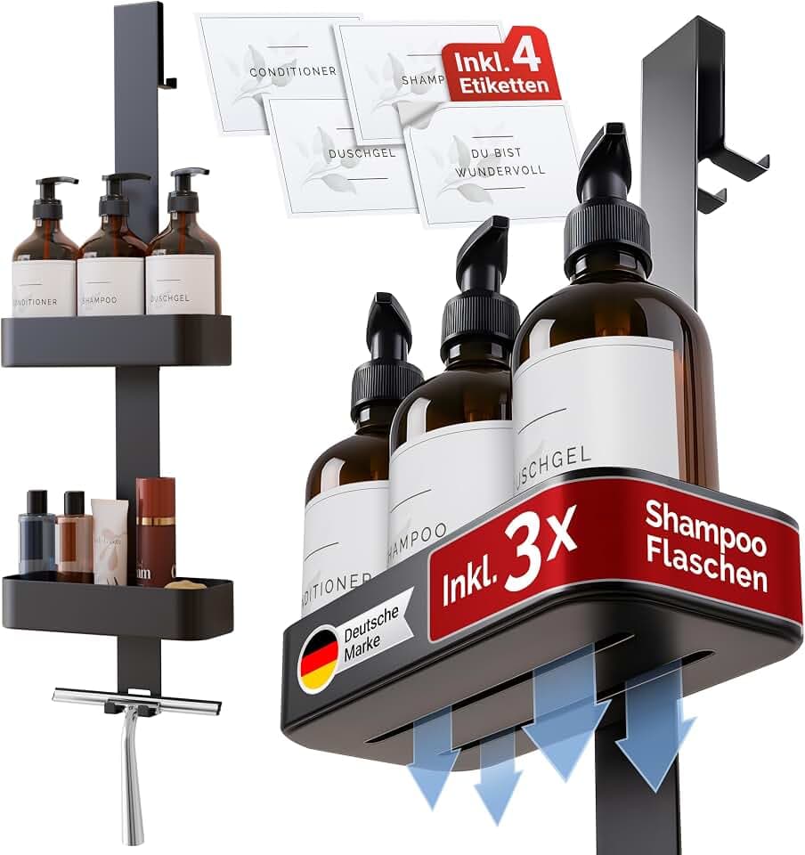 Duschablage zum Hängen inkl. 3 Shampoo Flaschen | Dusch Ablage aus rostfreiem Edelstahl | Duschkorb zum hängen für dein Spa-Feeling im eigenen Bad | Duschregal ohne bohren | Shower Shelf
