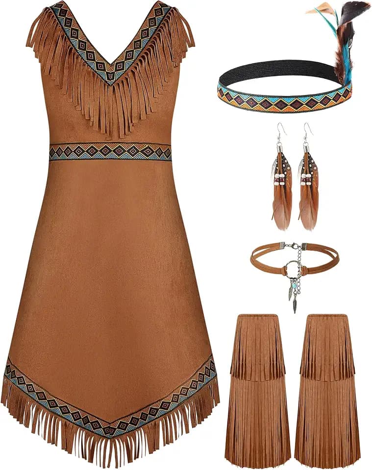 Foaincore 5 Pcs Halloween Indian Costume Women Fringe Dress Headband