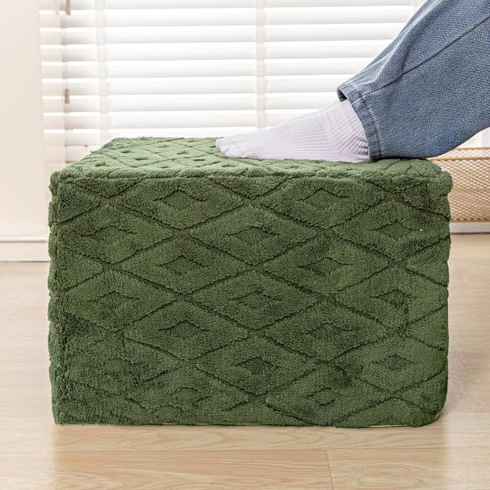 Square Ottoman Foot Rest Furry Pouf Foot Stool,Green, 20x20x14 in