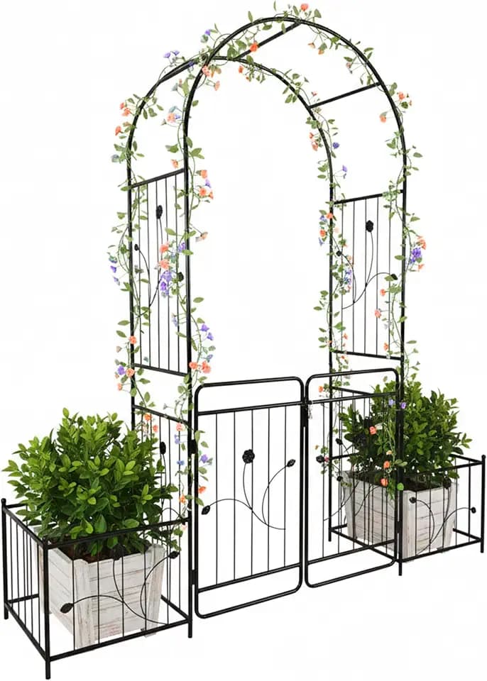 Relaxdays Rosenbogen Metall, Rundbogen mit Tor & 2 Pflanzkästen, HBT: 220x202x50 cm, Rankbogen Garten, Rosentor, schwarz