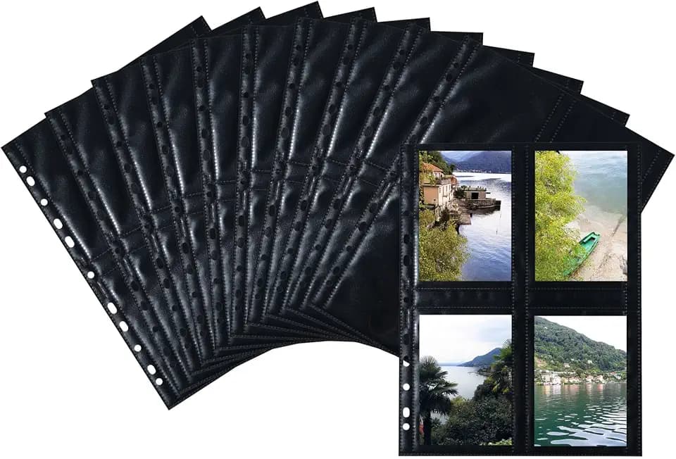 HERMA 7783 Fotohüllen für Ordner, 10 Stück, 9x13 cm, 4 Fächer geteilt, beidseitig bestückbare Fotophan Fotosichthüllen Sammelhüllen Postkartenhüllen Prospekthüllen mit Eurolochung, schwarz