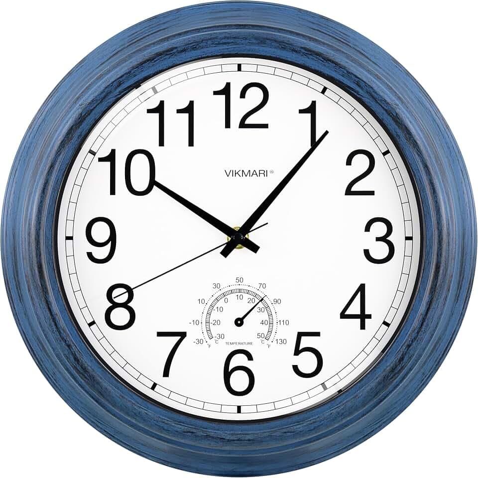 VIKMARI 30cm Gartenuhr Wetterfest, Outdoor Wanduhr mit Thermometer Indigo