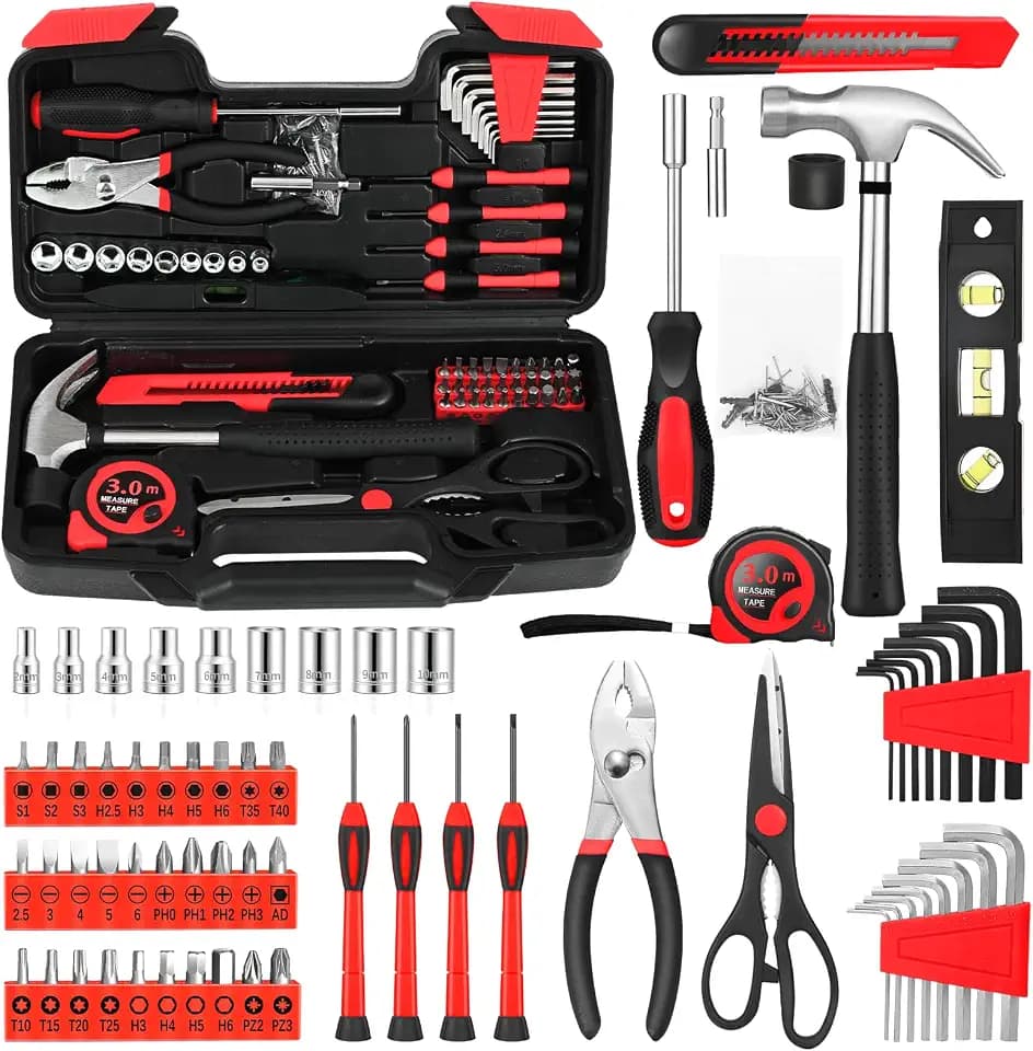 144-Piece Red Home Tool Set, Household Hand Kit with Plastic Toolbox