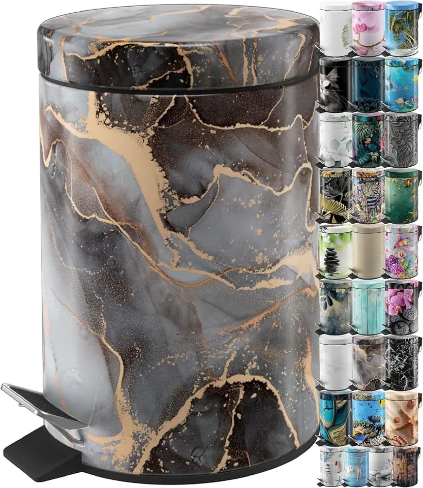 Sanilo Small Bathroom Trash Can with Lid [1.3 Gallon], Lidded Tiny Trashcan for Garbage, Mini Metal Bin with Soft Closing Mechanism, Bath Room Accessoire Wastebin with Inner Bucket (Marble Abstract)