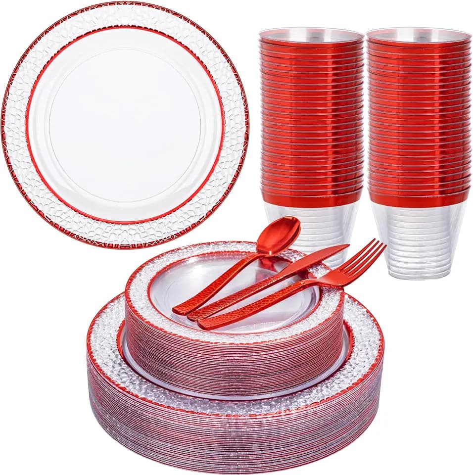 Ciaell 150 Piece Red Plastic Plates for Weddings Parties