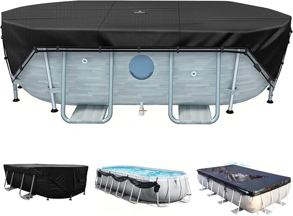 SIHAIAN Poolabdeckung Rechteckig 366x183 cm, 500D Pool Abdeckplane mit 4-Ecken-Verriegelung & 4 Befestigungsgurten, für rechteckige & ovale Aufstellpools, verhindert Wasseransammlungen