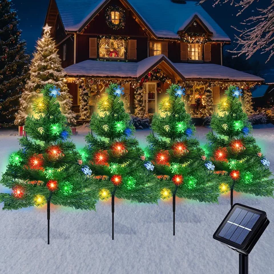 Qoosea 4 Stück Solar Weihnachtsbaum Pfahl Lichter Weihnachtsbaum im Freien mit 80LED Schneeflocken Lichter 8-Modi Wasserdichte solarbetriebene Gartenleuchten für Weg Weihnachtsdekoration für Außenhof