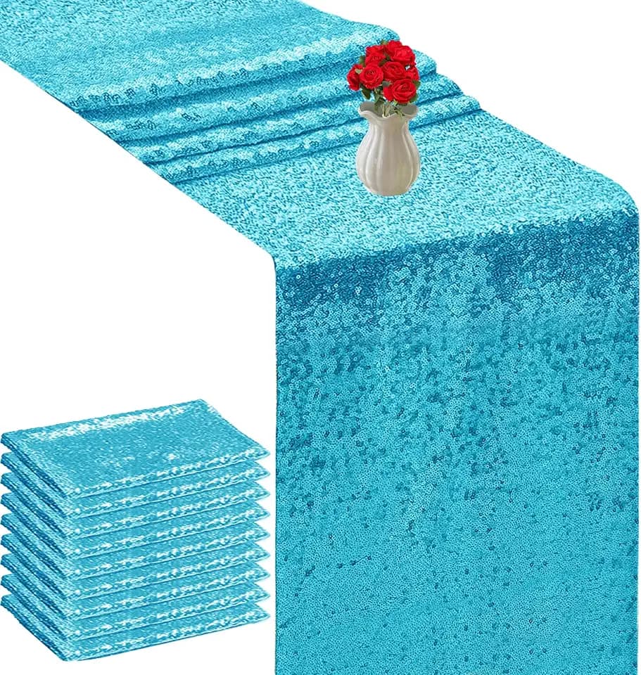 Sequin Table Runners 72 Inches Long Turquoise Glitter Table Runner for Party, Wedding, Bridal 10 Pcs, Turquoise