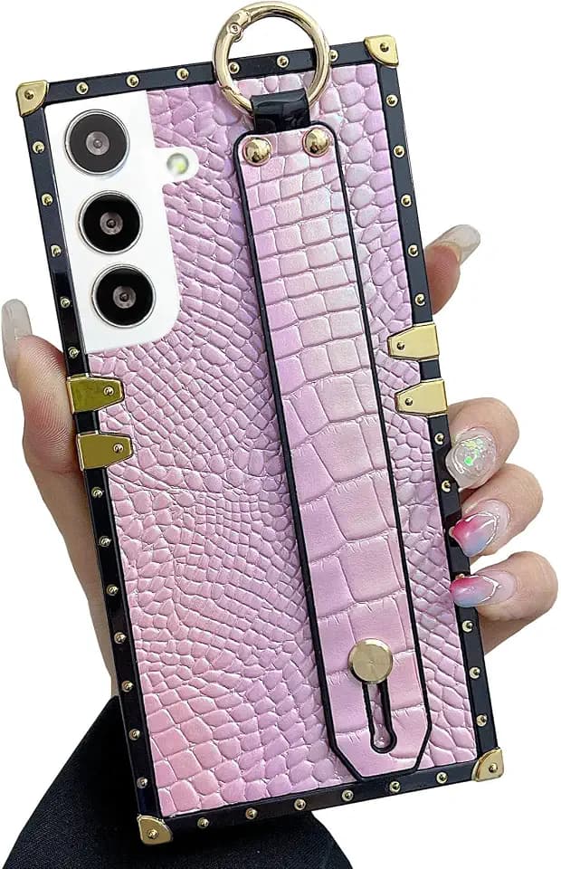 Retro Leather Case Compatible for Samsung Galaxy S24 Plus/S25 Plus Case Luxury Designer with Wristband Strap Kickstand Holder Protective Cover for Galaxy S25 Plus(Pink)