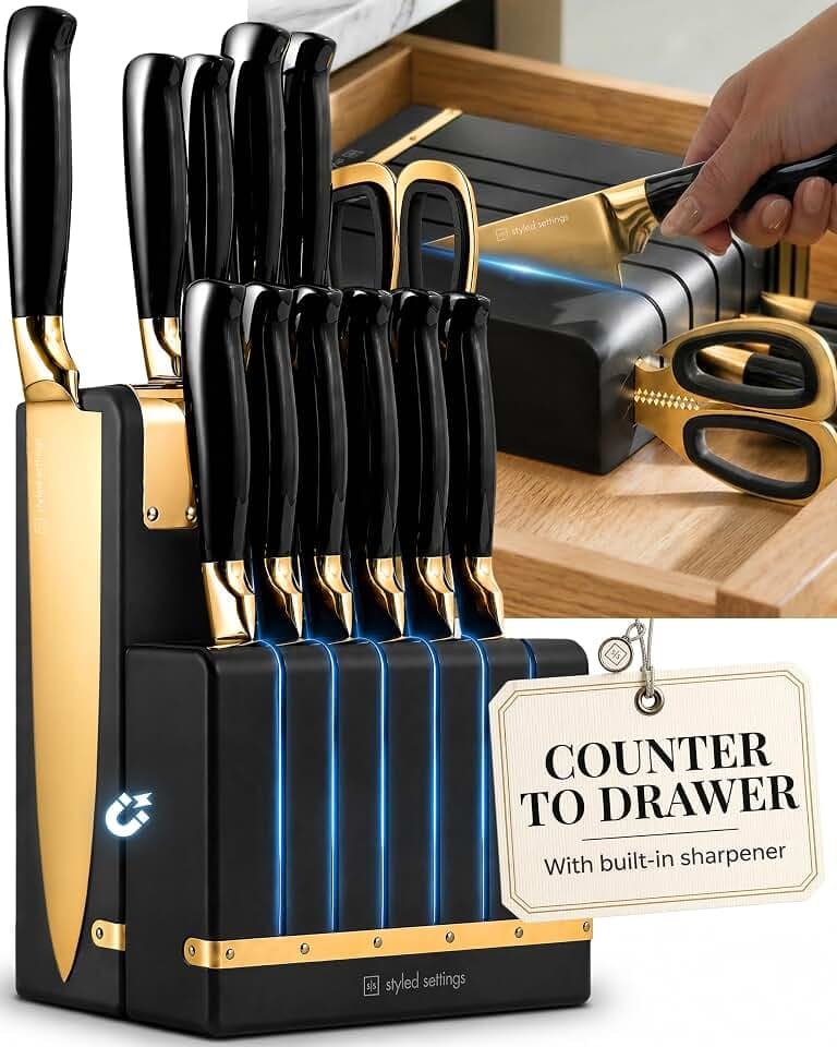 Styled Settings Black and Gold Knife Set with Magnetic Knife Block, 12-PC