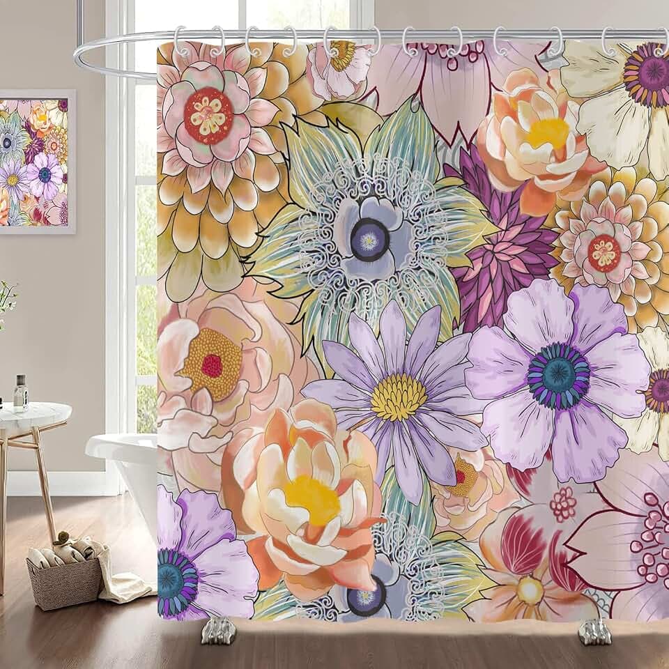 Duschvorhang Boho Blumen 180x200, Böhmische Blumen Bunte Duschvorhänge Vintage Blossom Ästhetische Kunst Badewanne Vorhang Wasserdicht Stoff Waschbar Badevorhang für Badezimmer mit Haken