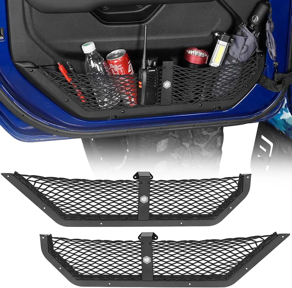Hooke Road Front Door Pocket Storage Mesh Cargo Net for 2018-2026 Jeep Wrangler JL & 2020-2026 Gladiator JT Accessories (Manual Seat Only), 2 PCS Door Side Insert Organizer Alimunim Base
