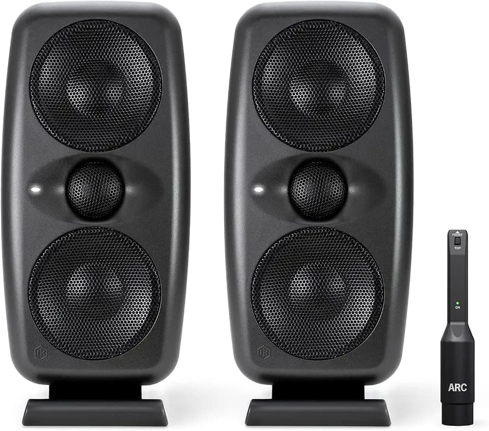 IK Multimedia iLoud MTM MKII - Pair of new generation compact hi-end studio monitors with built-in ARC room correction, speaker emulation, 100W power. Includes ARC calibration microphone. Black.