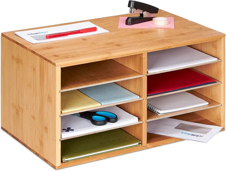 Relaxdays Dokumentenablage Bambus, DIN A4, 8 Fächer, Büro Organizer, Natur