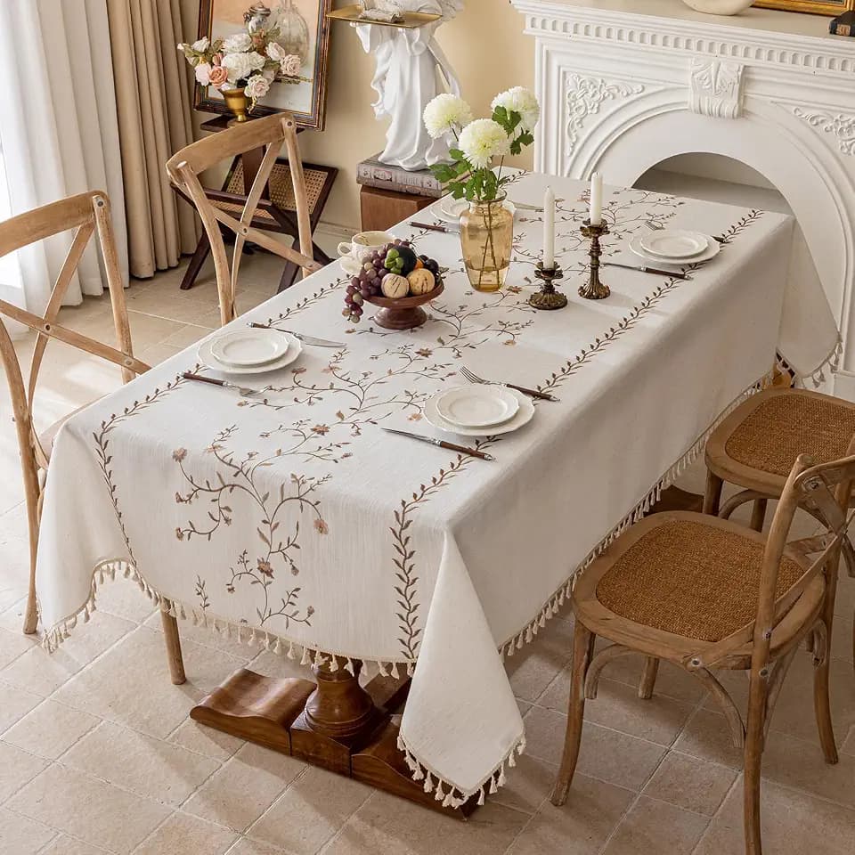 Joyfol Day Linen Waterproof Tablecloth with Tassels, Rustic Farmhouse Flowers Embroidery Table Cloths for Square Tables, Heavy Weight Spill-Proof Table Covers, Coffee Florals, 55''x 55''