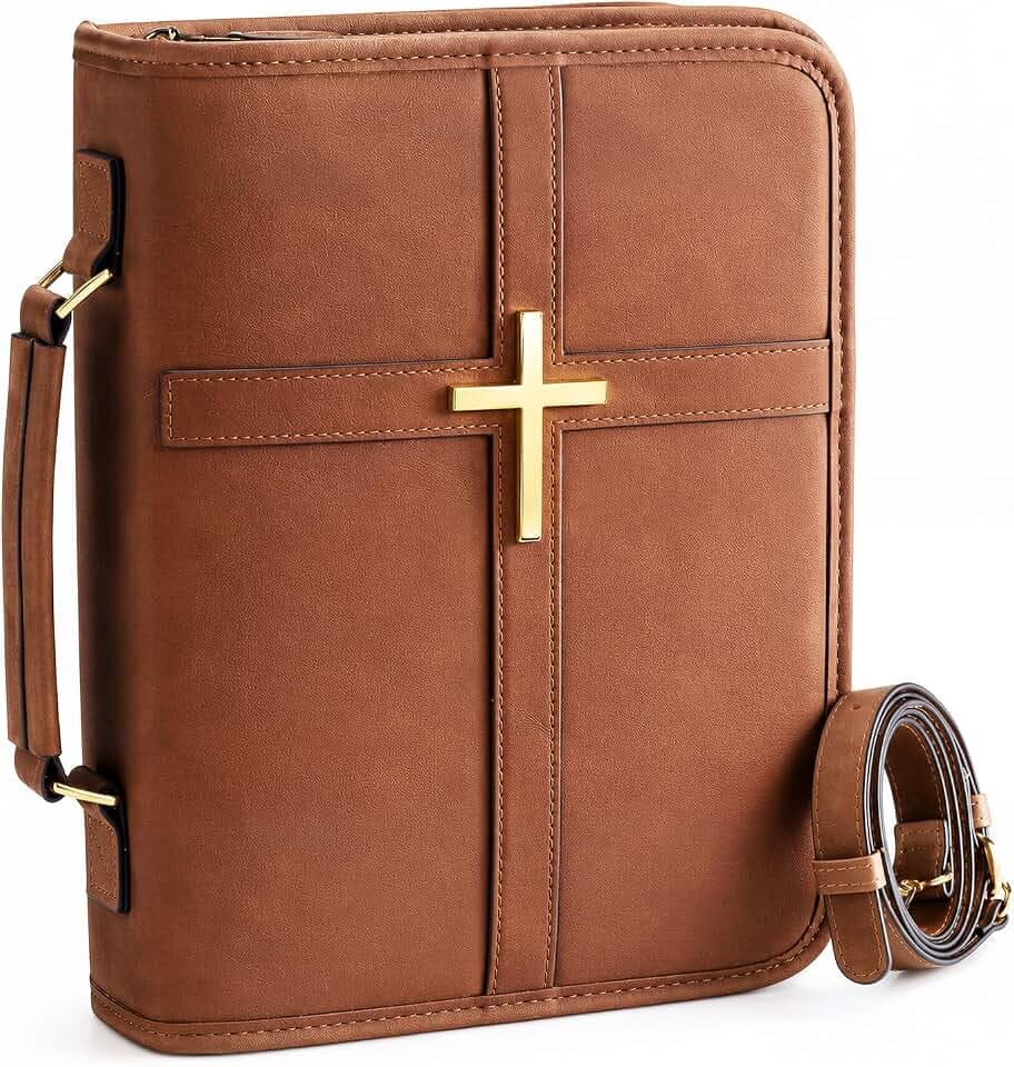 PU Leather Bible Cover, Men & Women, Cross Design & Pockets, Brown
